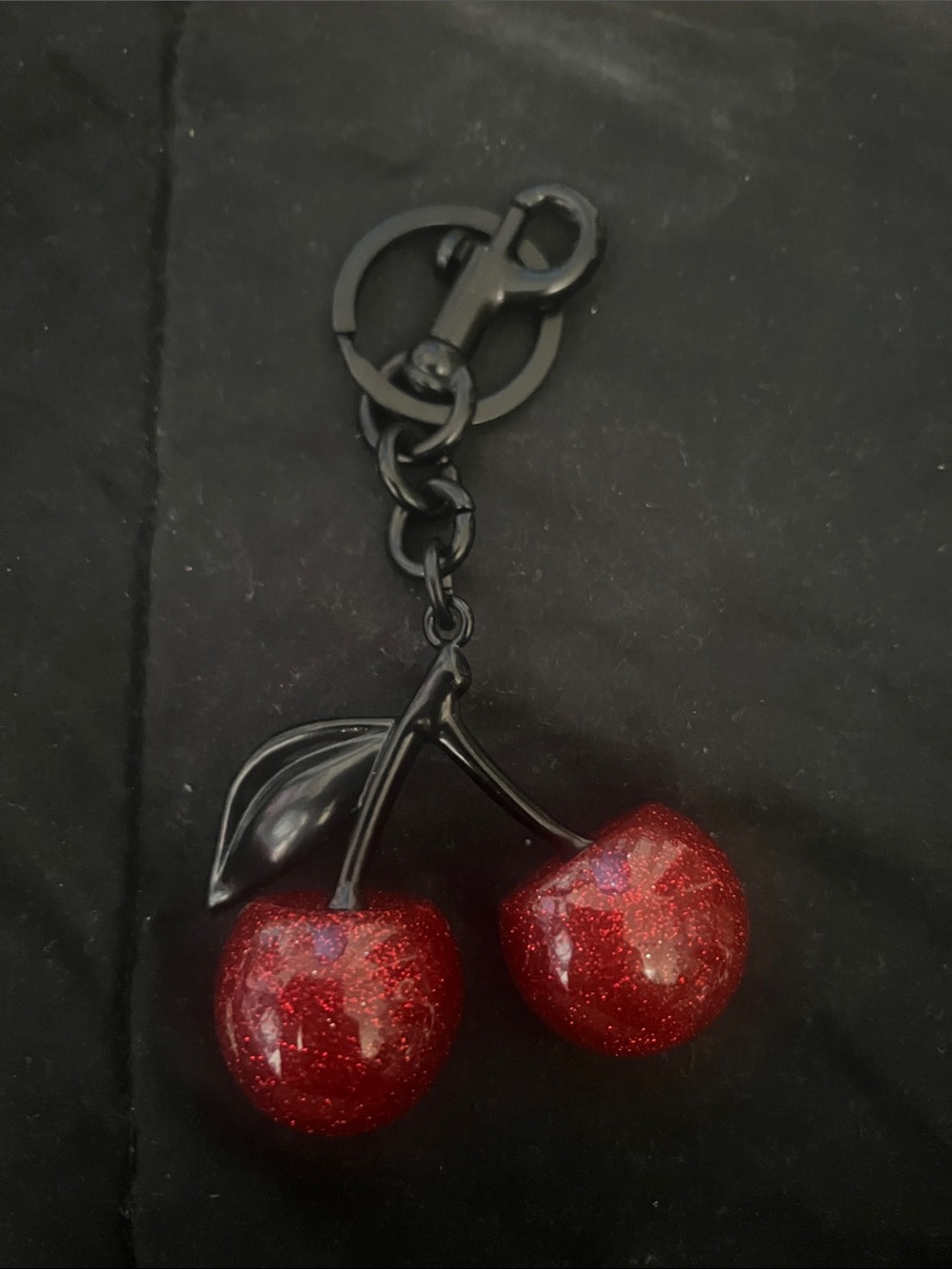 Red Glitter Cherry Keychain with Black Hardware